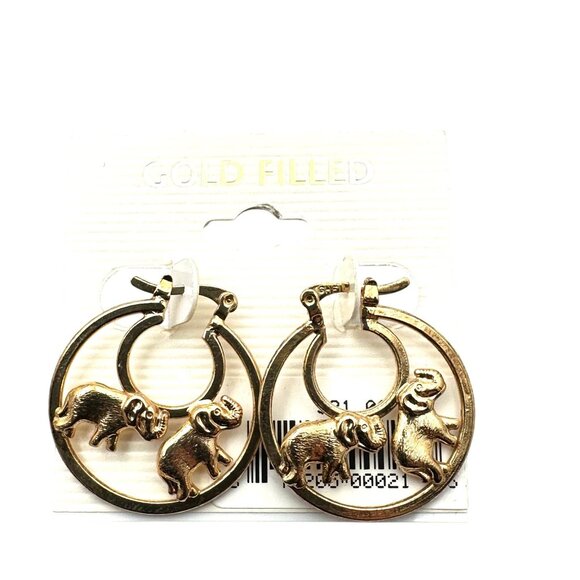 Elephant Yellow Gold Filled Hoops Pierced Chandelier Earrings Original Card NOS - Picture 2 of 3